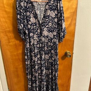 Knox Rose Blue and White V-Neck Sundress with Bishop Sleeves